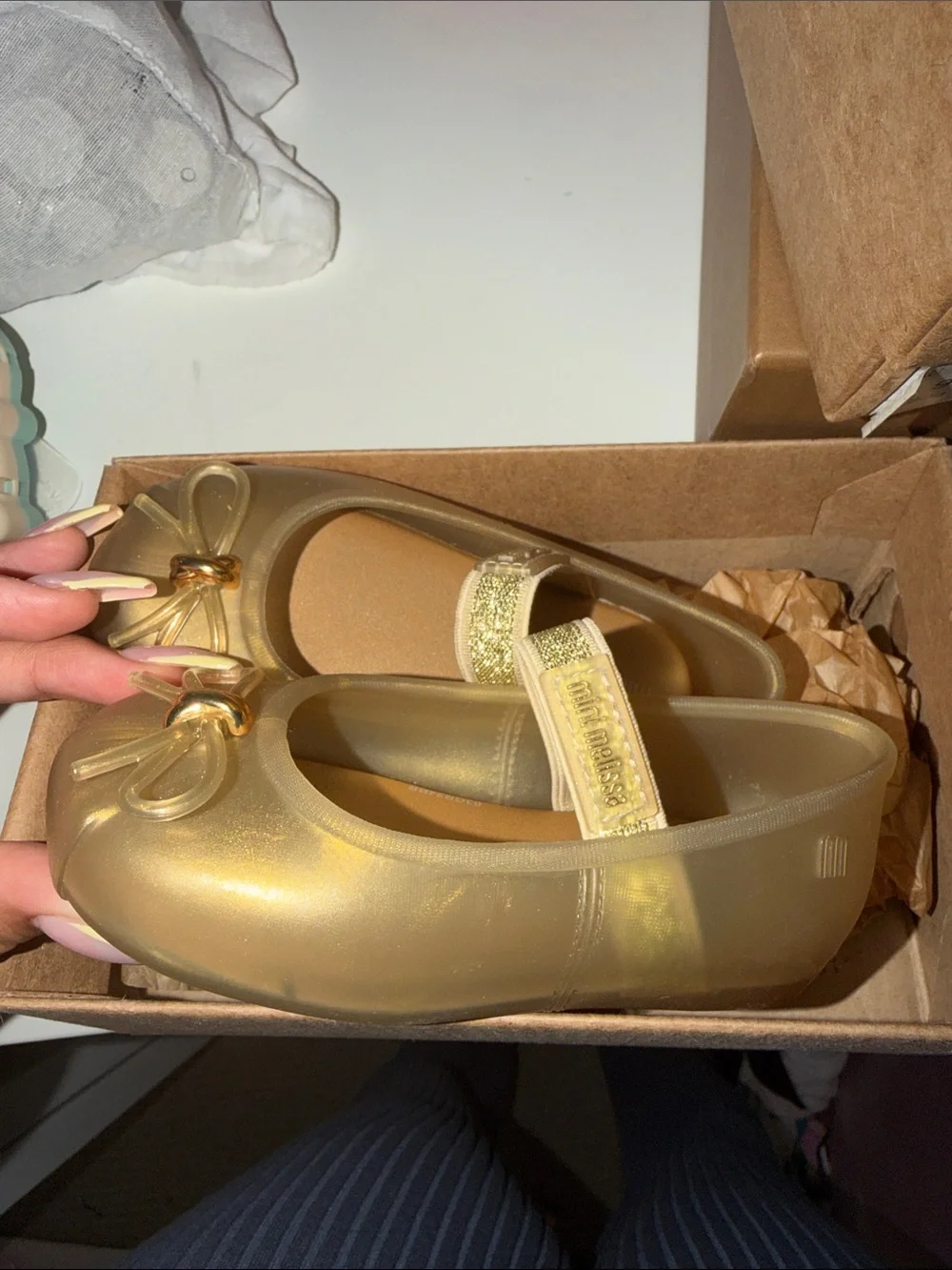 Mini Melissa Metallic Gold Mary Jane Ballet Flats with Bow